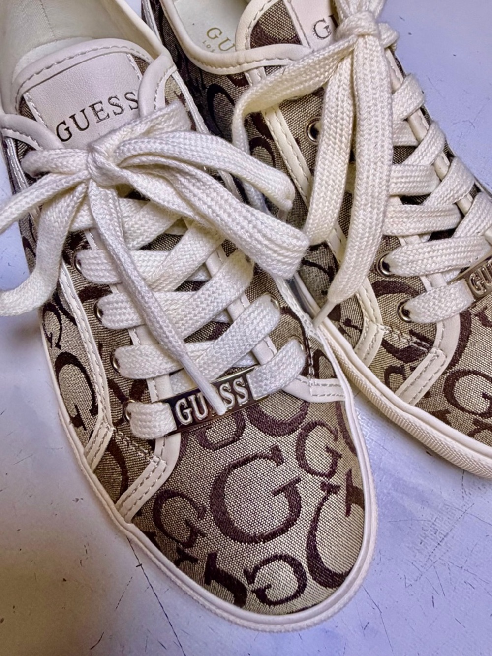 Guess Monogram Sneakers in Cream and Brown